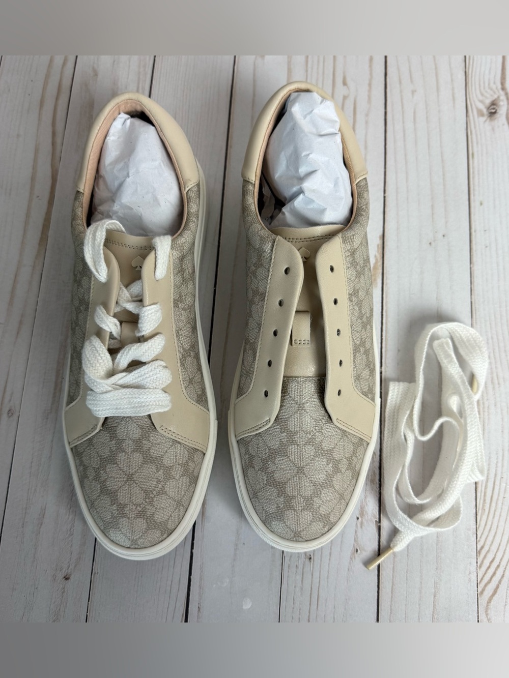 Kate Spade Taupe Erin Spade Flower Logo Sneakers Lace Up Vegan Leather - Picture 3 of 13